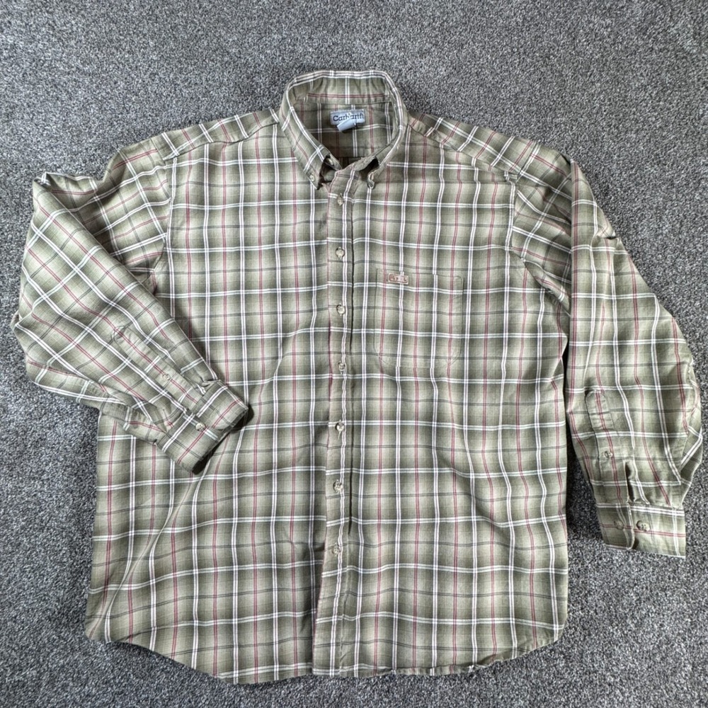 Carhartt Mens Long Sleeve Button Down Shirt 2XL Tall Green Plaid Cotton Vintage